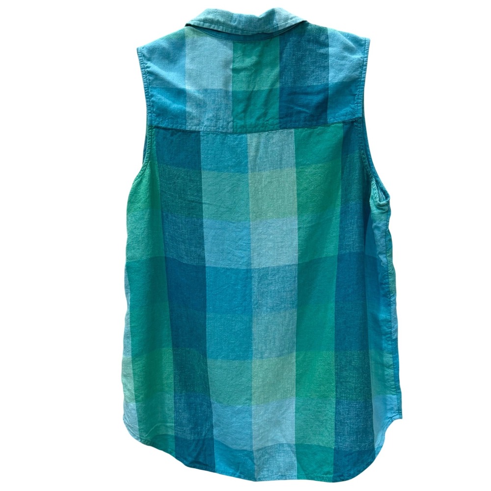 Womens Blue Green Plaid Linen Blend Sleeveless Button Down Shirt Large - Picture 2 of 4